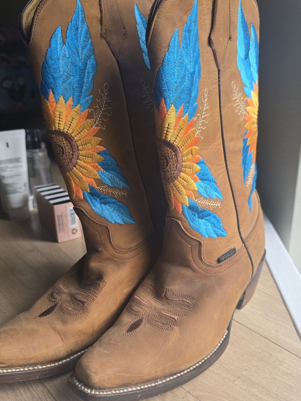 Brown Leather Cowboy Boots with Blue & Yellow Sunflower Embroidery